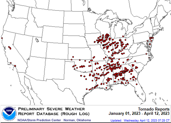 Figure 3: U.S. Preliminary Tornado Local Storm Reports (LSRs) as of April 12, 2023. Source: National Weather Service Storm Prediction Center.