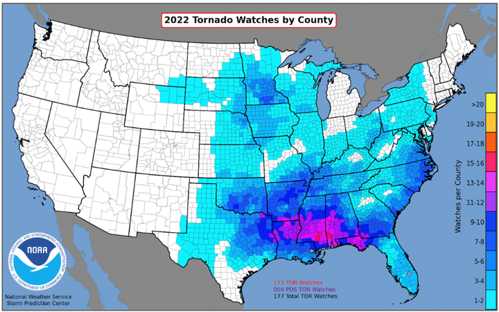 Figure 5: 2022 Tornado Watch frequency by County, indicating the greatest number of tornado watches were issued in the Dixie Alley area of the Southeast and Midwest U.S. Source: National Weather Service Storm Prediction Center.