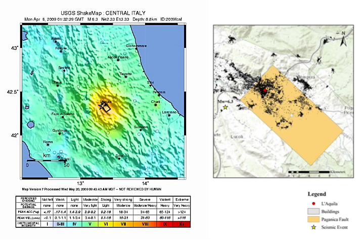 a)	2009 M6.3 L’Aquila earthquake Modified Mercalli Intensity Map by U.S. Geological Survey, b) L’Aquila earthquake and Paganica fault (Bertelli et al. 2018)